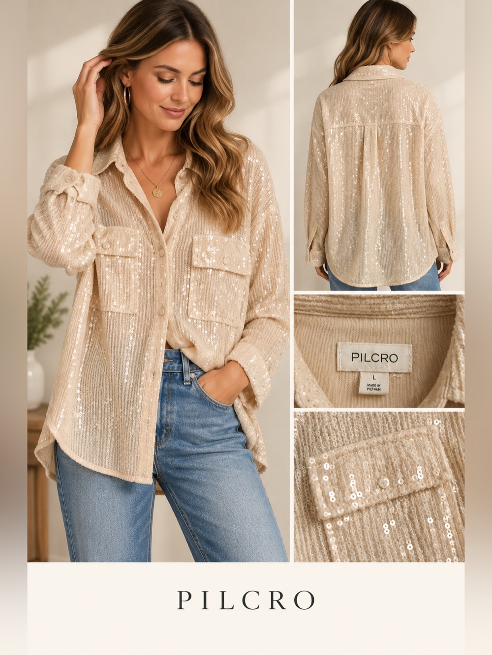 Pilcro Anthropologie Sequin Button Down Shirt Jacket Champagne Large